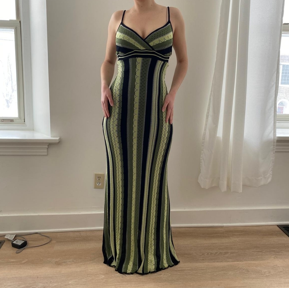 Vintage Y2K Lime Green and Black Striped Crochet / Knit Maxi Dress
